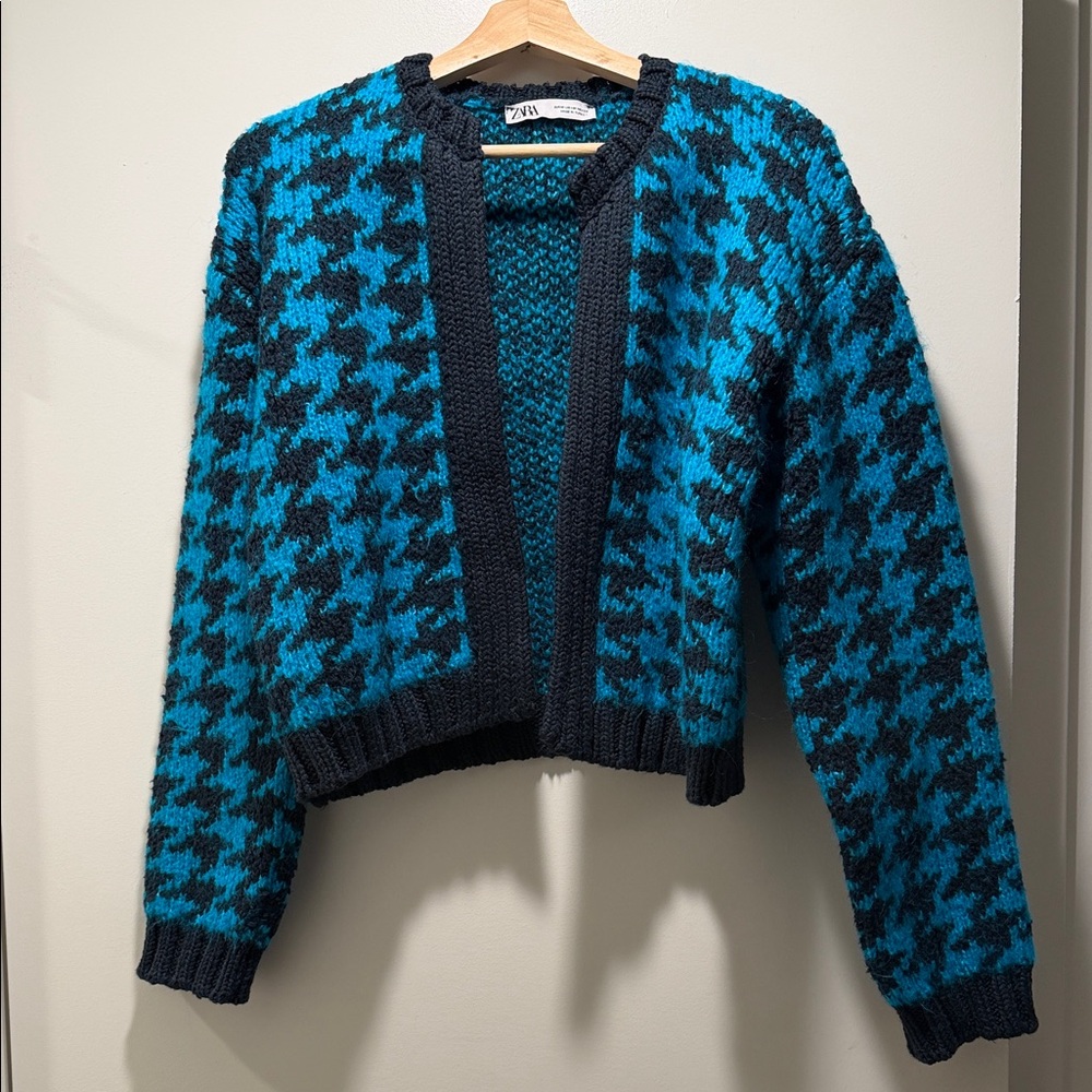 Zara Teal and Black Houndstooth Open-Front Cardigan